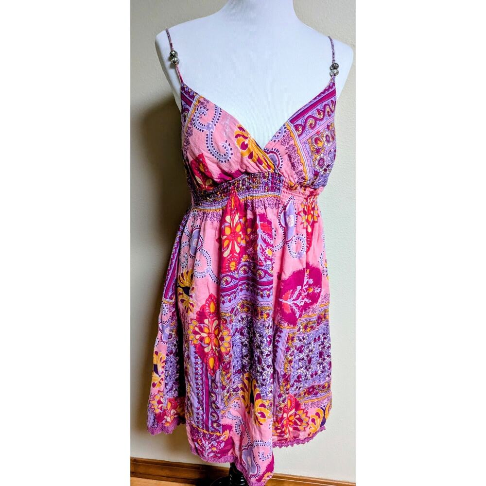 Derek Heart Dress L Pink Boho Floral Paisley Patchwork Sun Dress